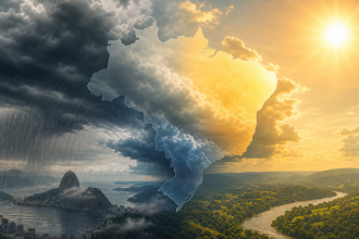 Mapa meteorológico ilustrativo do Brasil com áreas de calor e chuva em outubro