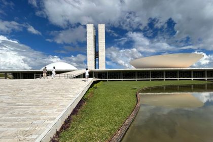 Vista do Congresso Nacional do Brasil, com suas cúpulas e edifícios modernos sob um céu claro.